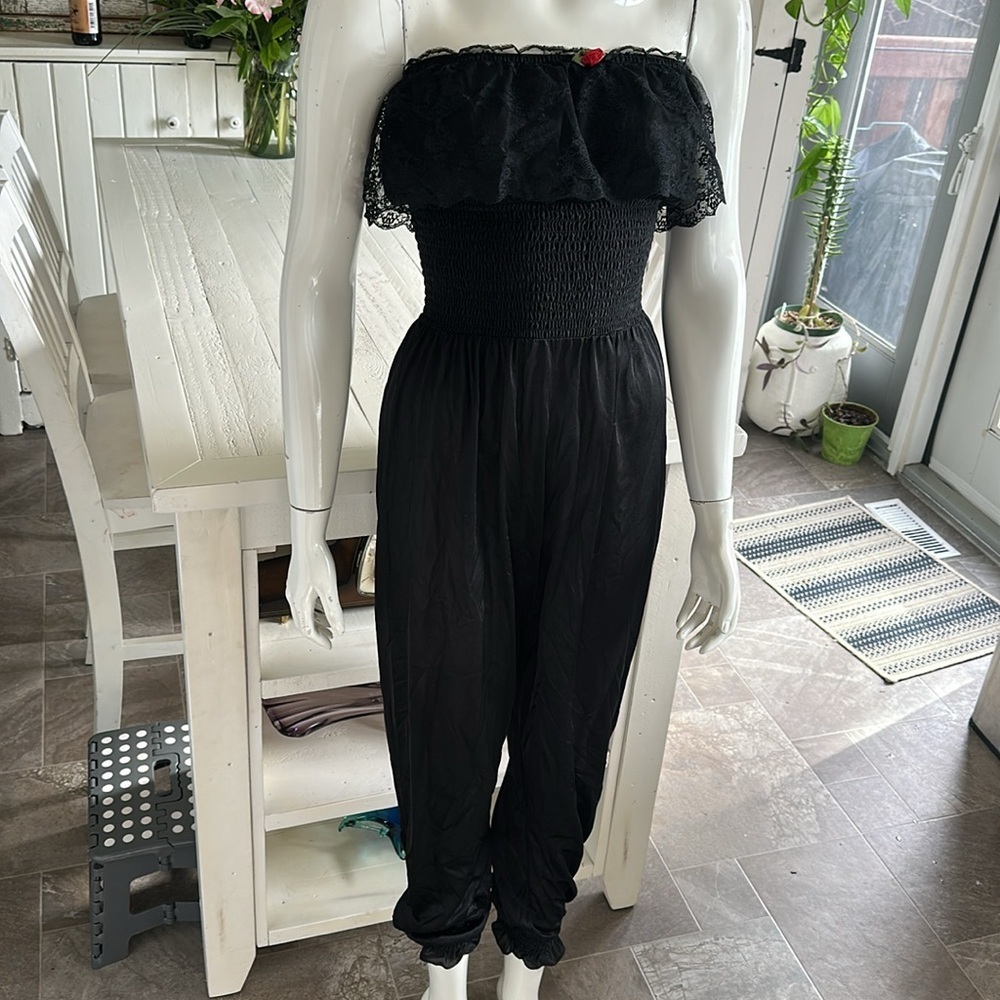 Vintage Undercover wear black halter romper lace 100% nylon,rare med whimsy goth